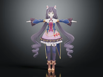 3D Anime Character With Cat Ears Purple Hair And Colorful Costume Design 3d model