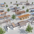 Multiple Modern Outdoor Pergolas With Various Designs And Wooden Structures Surrounded By Trees 3d model