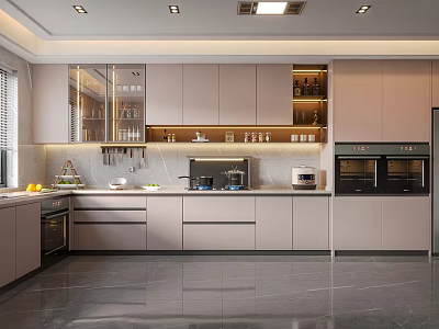 Modern Kitchen Interior Design With Light Colored Cabinets Glass Cabinets Countertop And Built In Appliances 3d model