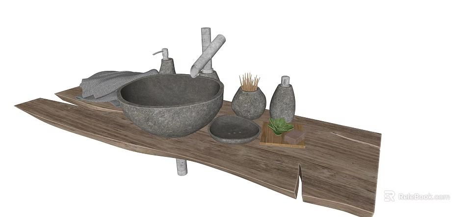 Natural Stone Washbasin on Wooden Countertop with Decorative Accessories and Green Plant 3d model 