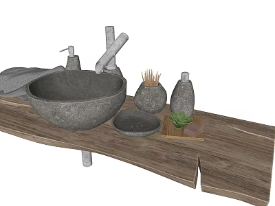 Natural Stone Washbasin on Wooden Countertop with Decorative Accessories and Green Plant 3d model