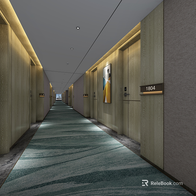 Hotel Corridor with Wooden Walls Decorative Painting Carpeted Floor and Ceiling Lighting 3d model 