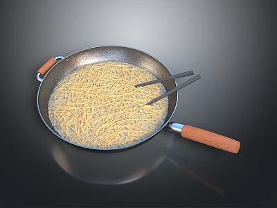 Non stick Frying Pan with Wooden Handle Cooking Yellow Noodles Using Chopsticks 3d model
