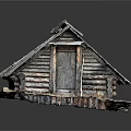 Rustic Weathered Log Cabin With Wooden Roof Log Walls And Wooden Door On Earth Ground