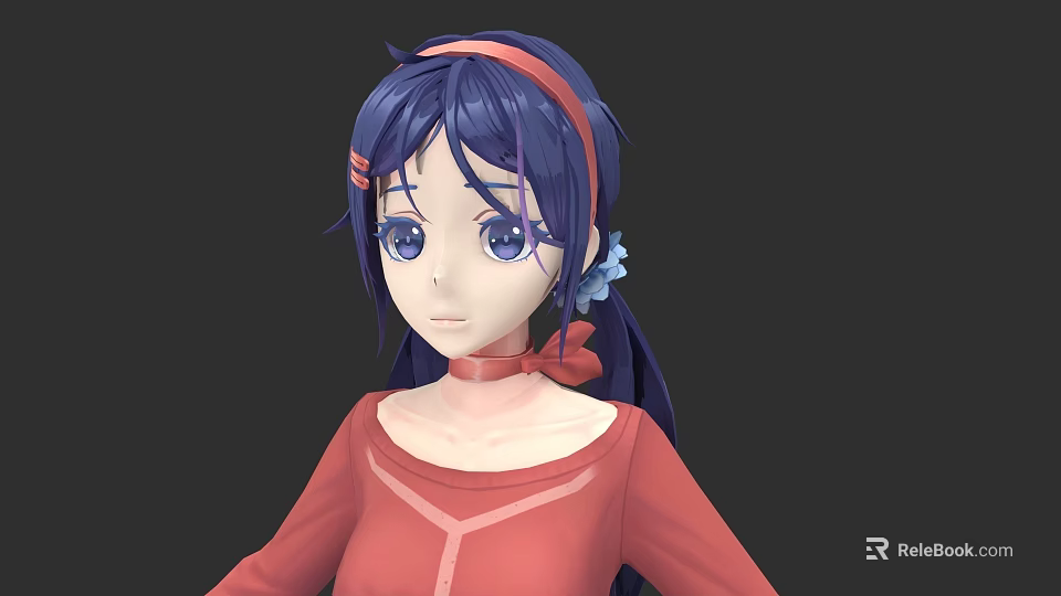 Game And Movie Character With Purple Long Hair Red Headband Blue Flower Red Top Bow 3d model 
