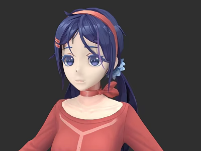 Game And Movie Character With Purple Long Hair Red Headband Blue Flower Red Top Bow 3d model