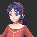 Game And Movie Character With Purple Long Hair Red Headband Blue Flower Red Top Bow