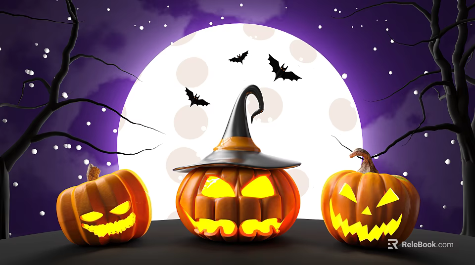 Spooky Halloween Pumpkin Lanterns With Witch Hat Full Moon And Bats 3d model 