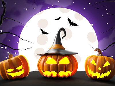 Spooky Halloween Pumpkin Lanterns With Witch Hat Full Moon And Bats 3d model