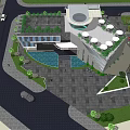 Modern Office Building Design With Glass Facade Green Roof Water Feature Palm Trees Outdoor Area