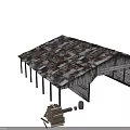 Old Open Wooden Building Structure With Rusty Roof Weathered Planks And Supporting Columns