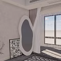 Modern Irregular Shaped Mirror In Room With Artwork Plant And Sheer Curtain