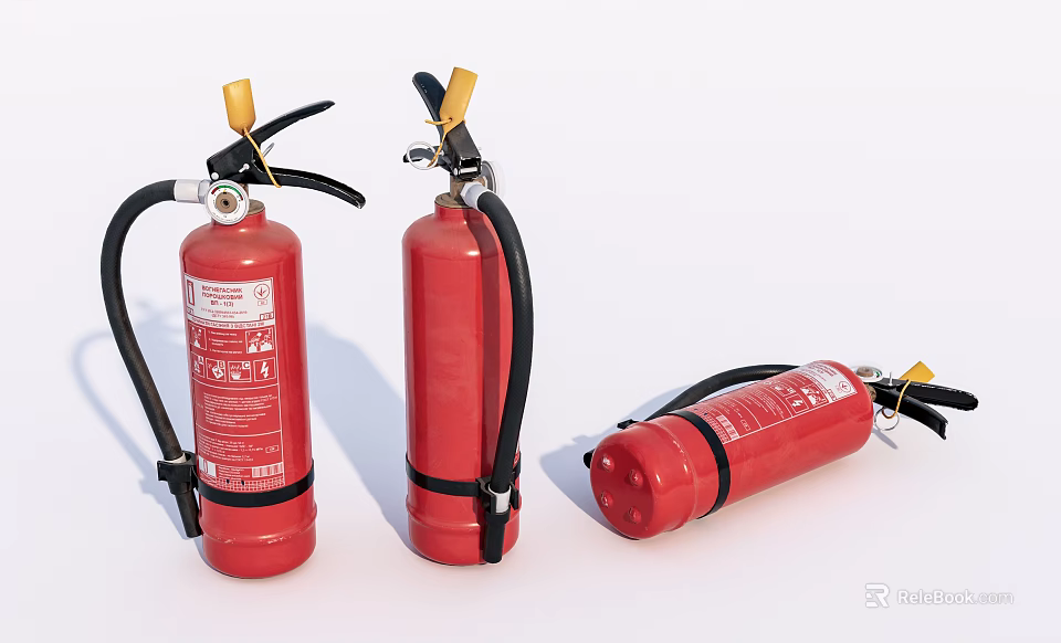 Three Red Fire Extinguishers In Standing And Lying Positions For Safety 3d model