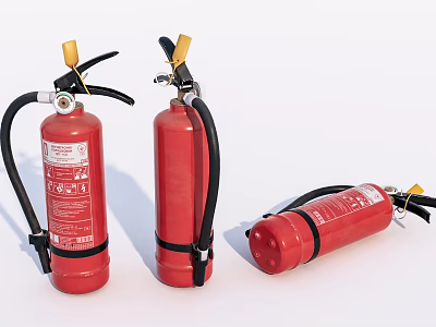 Three Red Fire Extinguishers In Standing And Lying Positions For Safety 3d model