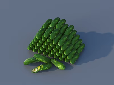 Fresh Green Cucumbers Pile With Whole And Sliced Pieces On Gray Background 3d model