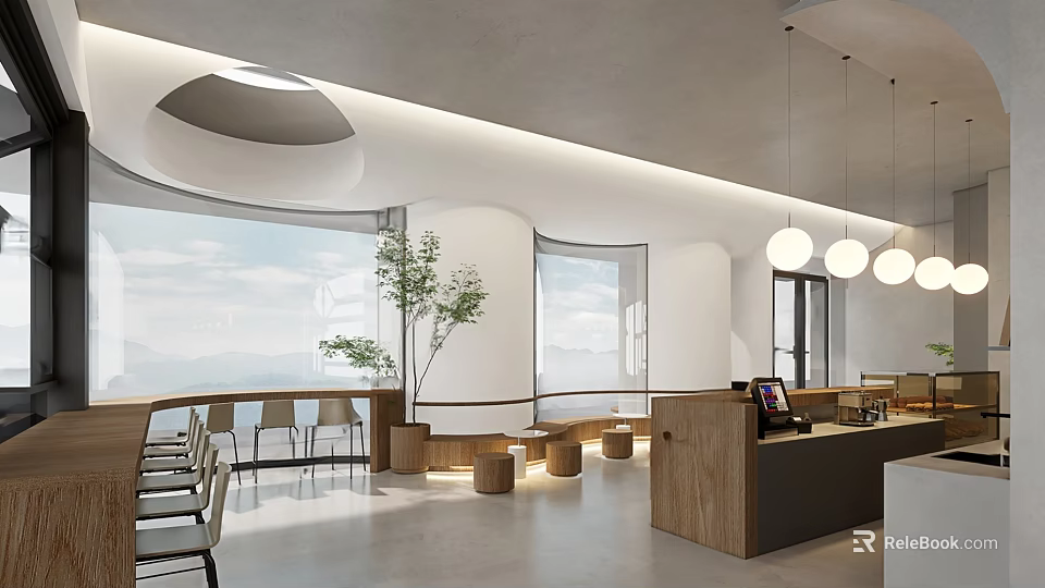 Modern Milk Tea Shop Interior With Large Windows Wooden Bar Round Lights And Green Plants 3d model 