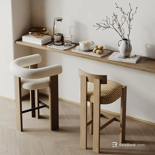 Modern Bar Stools With White Wool And Woven Seats On Wooden Counter With Coffee Cup 3d model 