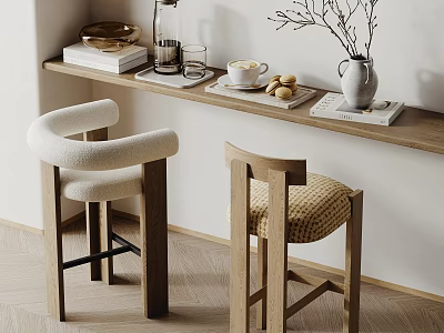 Modern Bar Stools With White Wool And Woven Seats On Wooden Counter With Coffee Cup 3d model