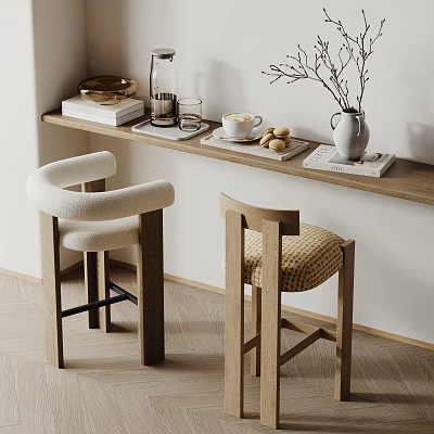 Modern Bar Stools With White Wool And Woven Seats On Wooden Counter With Coffee Cup 3d model