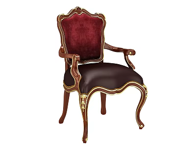 Ornate Classic Dining Chair With Red Velvet Backrest Dark Brown Leather Seat And Gold Accents 3d model