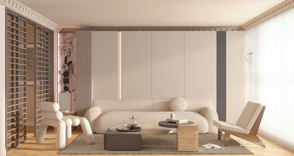 Modern Living Room Interior With Beige Sofa Round Pillows And Warm Lighting 3d model 