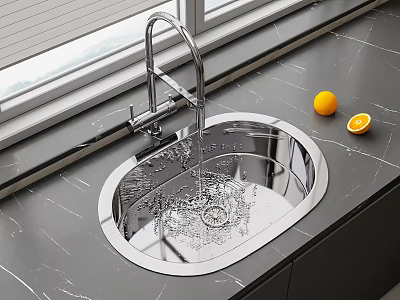 Stainless Steel Kitchen Sink With Faucet On Marble Countertop And Fresh Lemons In Bright Kitchen 3d model