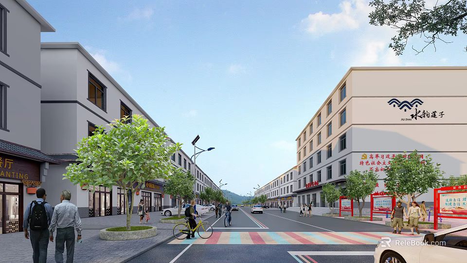 Vibrant Commercial Street with Two Rows of Buildings Pedestrians Bicycles Trees and Shops 3d model 