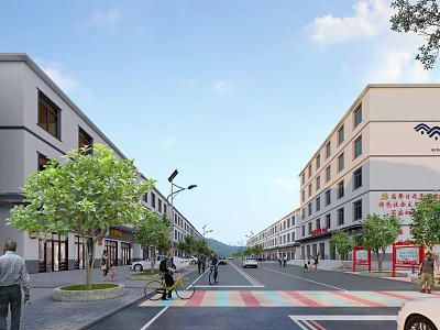 Vibrant Commercial Street with Two Rows of Buildings Pedestrians Bicycles Trees and Shops 3d model