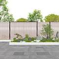Outdoor Feature Wall With Woven Texture Surrounded By Green Plants And Stone Pavement