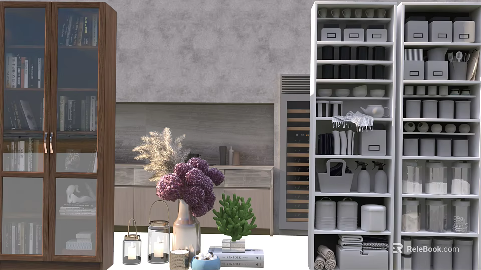 Stylish Decorative Cabinet with Wooden Glass Doors Featuring Purple Bouquet Green Plants Books and Storage 3d model 