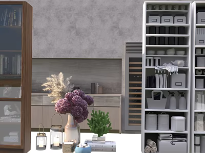 Stylish Decorative Cabinet with Wooden Glass Doors Featuring Purple Bouquet Green Plants Books and Storage 3d model