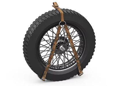 Stylish Motorcycle Tire With Leather Straps Metallic Wheel And Tread Pattern 3d model