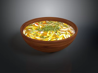 Natural Wooden Serving Bowl with Fresh Soup Vegetables Noodles and Herbs 3d model