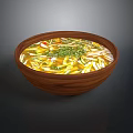 Natural Wooden Serving Bowl with Fresh Soup Vegetables Noodles and Herbs