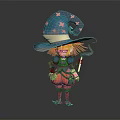 Cartoon Fantasy Witch Character With Blue Hat Pink Stars Red Hair Glasses Holding Magic Wand