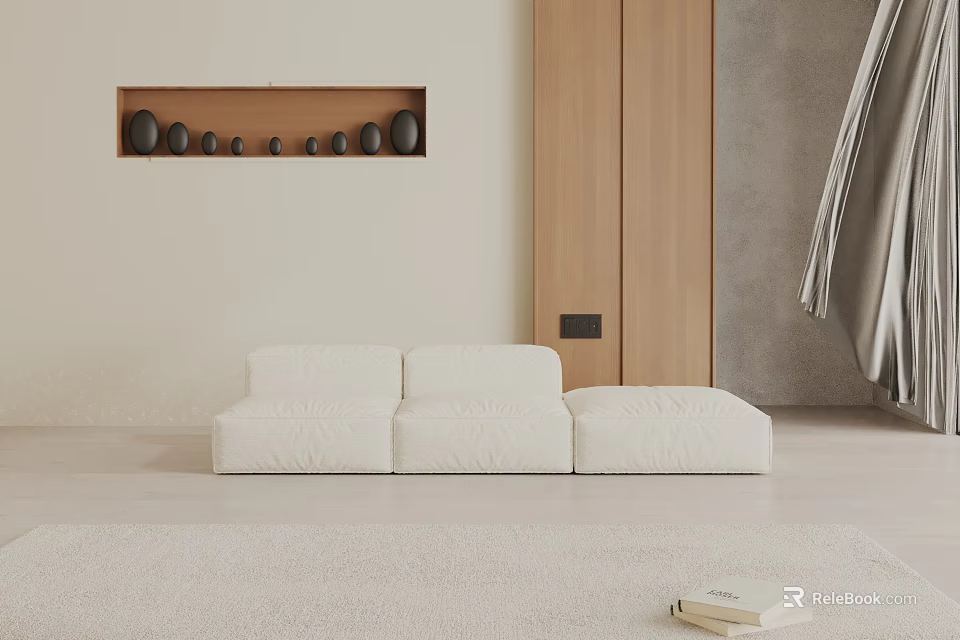 Modern Living Room Featuring White Three Seater Sofa Wooden Shelf And Rug 3d model 