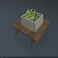 Wooden Outdoor Bench With White Square Planter And Green Plants On Top