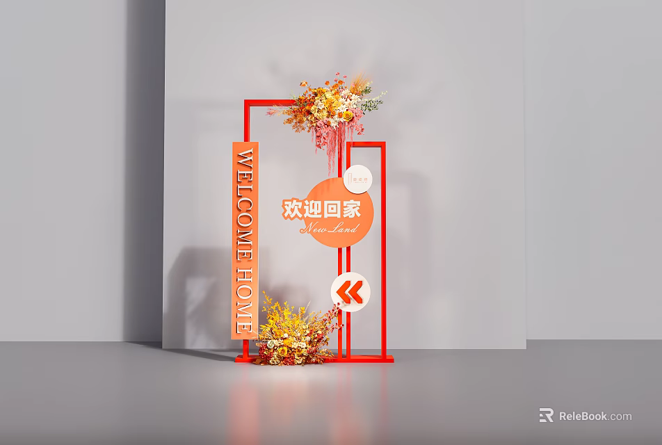 Homecoming Guide Sign With Red Frame Orange Welcome Text And Flower Decorations 3d model 