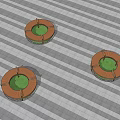 Circular Wooden Tree Planters With Three Green Trees On Striped Pavement Surface 3d model