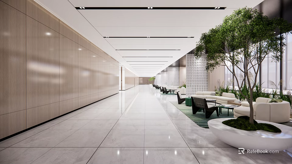 Modern Elevator Lobby With Marble Flooring Linear Lights And Greenery 3d model 