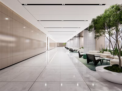 Modern Elevator Lobby With Marble Flooring Linear Lights And Greenery 3d model