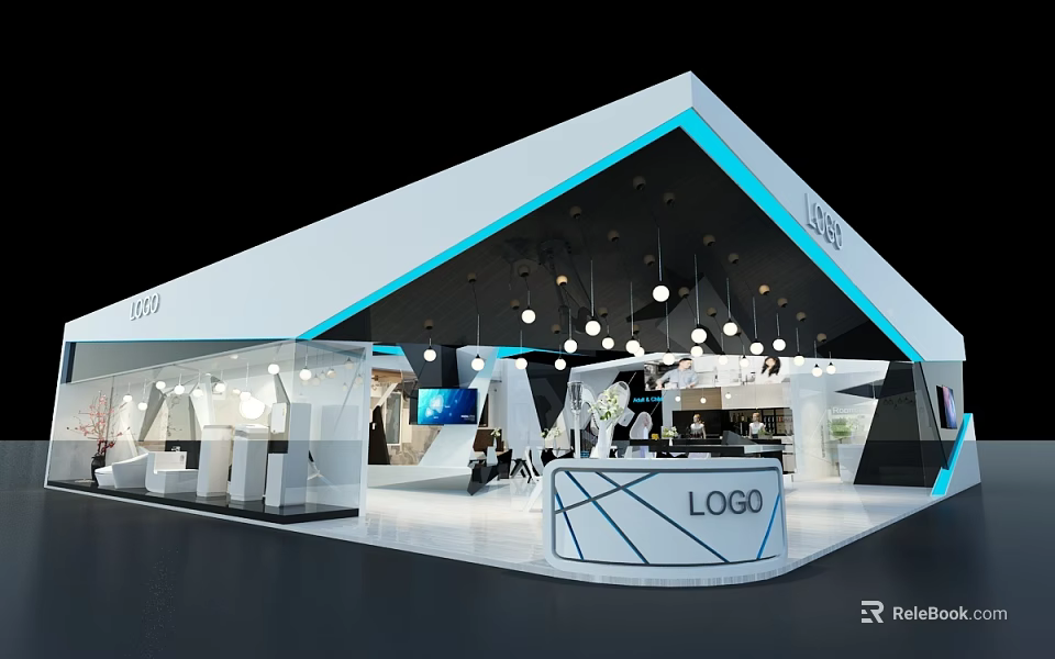 Modern Exhibition Booth Design With White Blue Geometric Structure Hanging Lights And Logo 3d model 