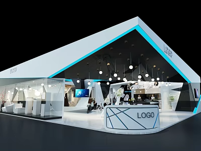 Modern Exhibition Booth Design With White Blue Geometric Structure Hanging Lights And Logo 3d model
