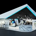 Modern Exhibition Booth Design With White Blue Geometric Structure Hanging Lights And Logo