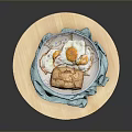 Animal Pattern Ceramic Plate With Bread And Fried Egg On Wooden Tray With Turquoise Cloth
