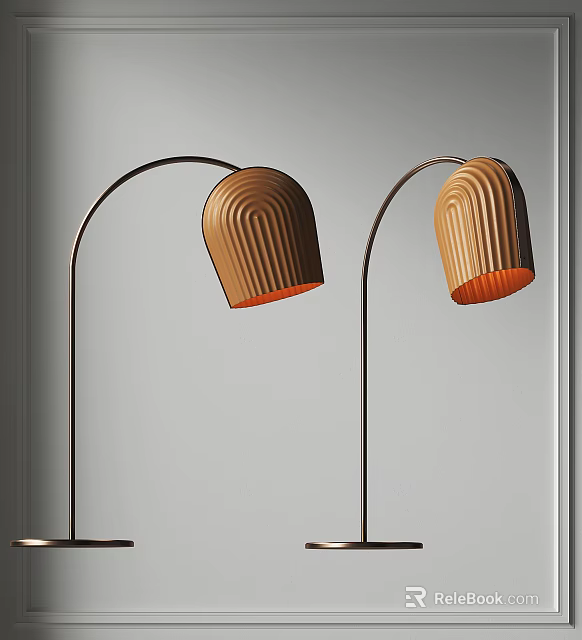 Two Arched Floor Lamps With Ribbed Brown Lit Lampshades Against Gray Wall 3d model 