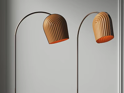 Two Arched Floor Lamps With Ribbed Brown Lit Lampshades Against Gray Wall 3d model