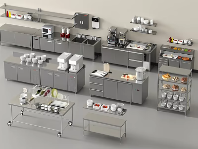 Commercial Kitchen Setup With Stainless Steel Worktables Storage Racks Cabinets And Appliances 3d model