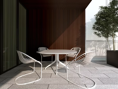 Round White Outdoor Table with Woven Chairs on Patio Near Wooden Wall and Green Plant 3d model