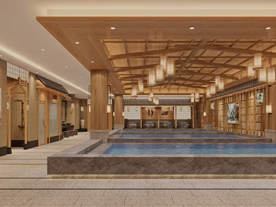Relaxing SPA Sauna Interior Design With Wooden Ceiling Hanging Lanterns And Pool 3d model